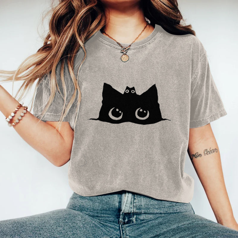 Comstylish Abstract Creative Cute Black Cat Art Print T-shirt