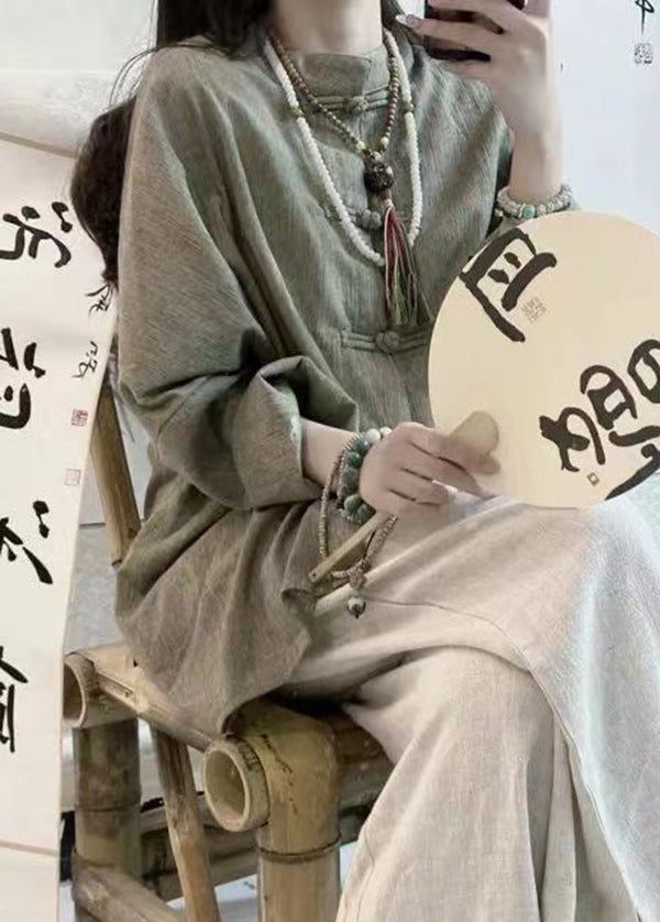Loose O Neck Chinese Button Linen Shirt Tops Spring