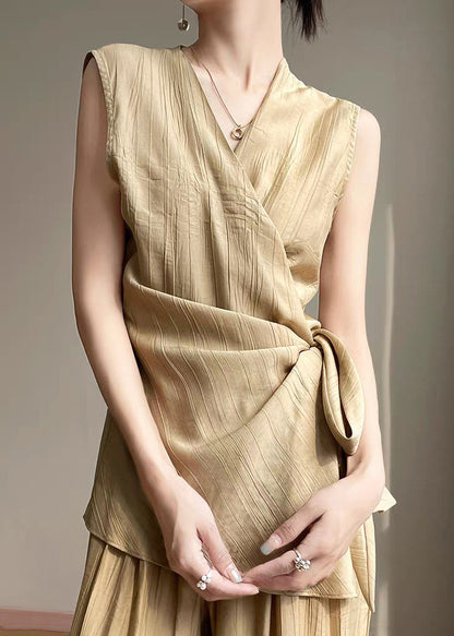Khaki Lace Up Cotton Sleeveless Shirts V Neck