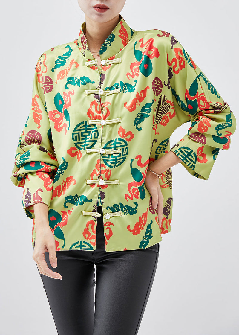 Chinese Style Green Print Silk Shirt Top Spring