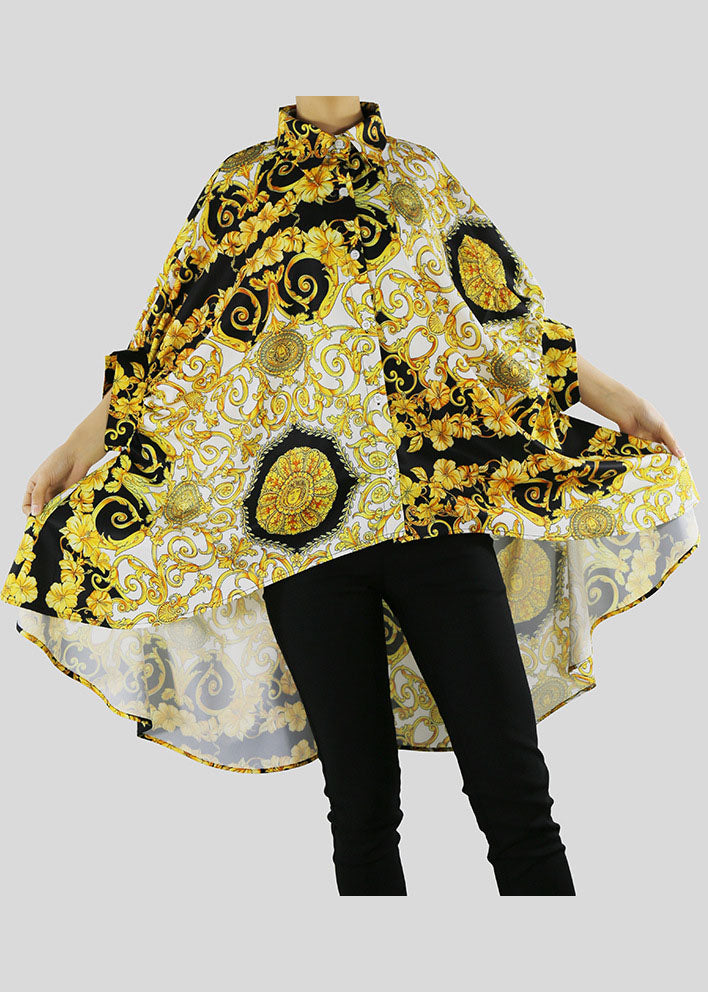 Diy Yellow Low High Design Peter Pan Collar Print Shirt Batwing Sleeve