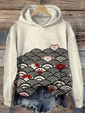 Japanese Art Wave and Cat Print Vintage Hoodie elevenforest