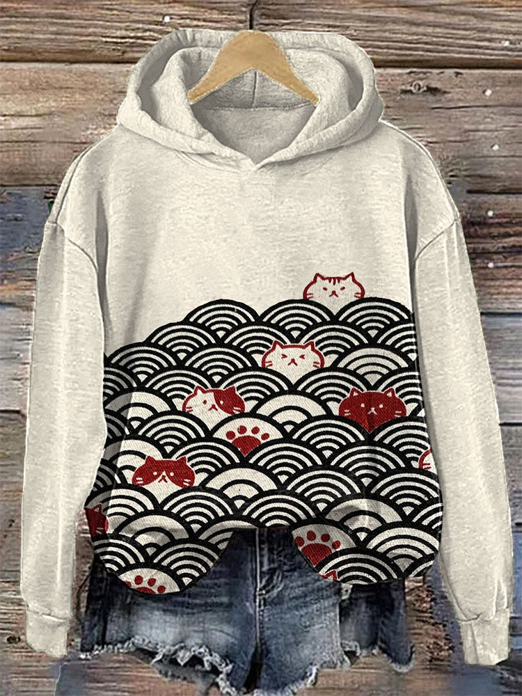 Japanese Art Wave and Cat Print Vintage Hoodie elevenforest