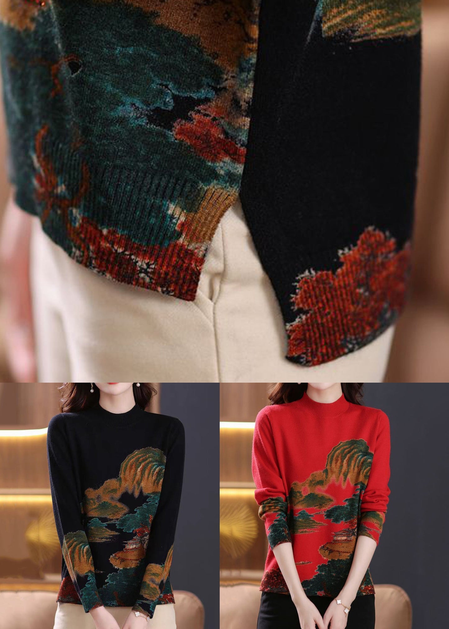 Red Print Cozy Wool Knit Tops O-neck Long Sleeve