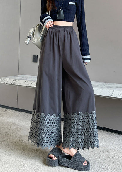 Grey Patchwork Cotton Wide Leg Pants Fall