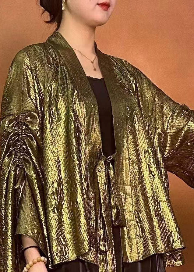 Loose Green U Neck Drawstring Shirts Flare Sleeve
