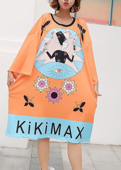 French Orange Graphic Cotton Loose Summer Long Dress