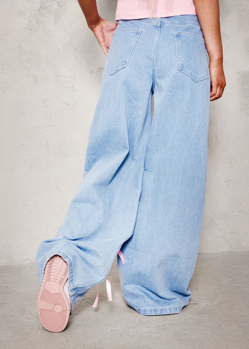 Blue Pockets Patchwork Bow Wide Leg Jeans