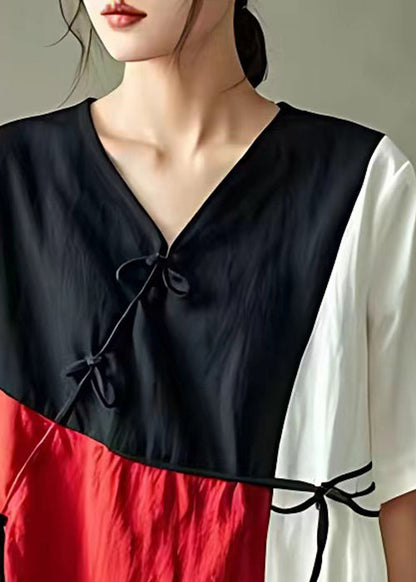 Black V Neck Button Cotton Blouse Summer