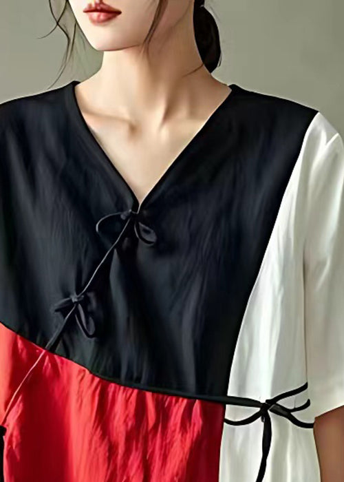 Black V Neck Button Cotton Blouse Summer