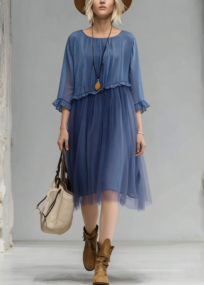Blue O-neck Ruffled Tulle Patchwork Chiffon Dress Summer