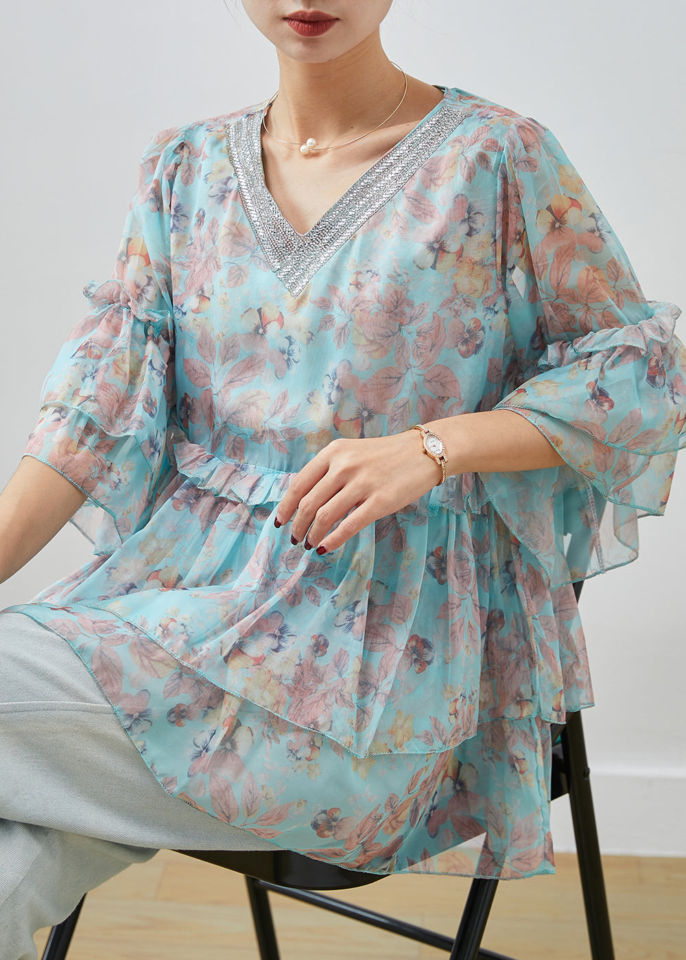 Diy Blue Ruffled Print Chiffon Blouses Bracelet Sleeve