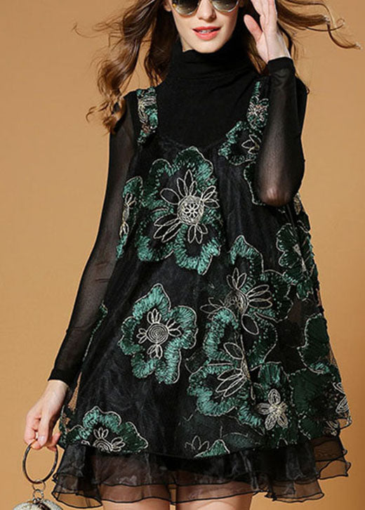 Black Bottomed Shirt + Embroideried Print Dress Fall Two Pieces Set