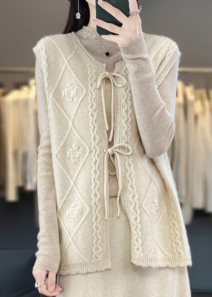 French Chocolate O-neck Lace Up Patchwork Knit Waistcoat Sleeveless