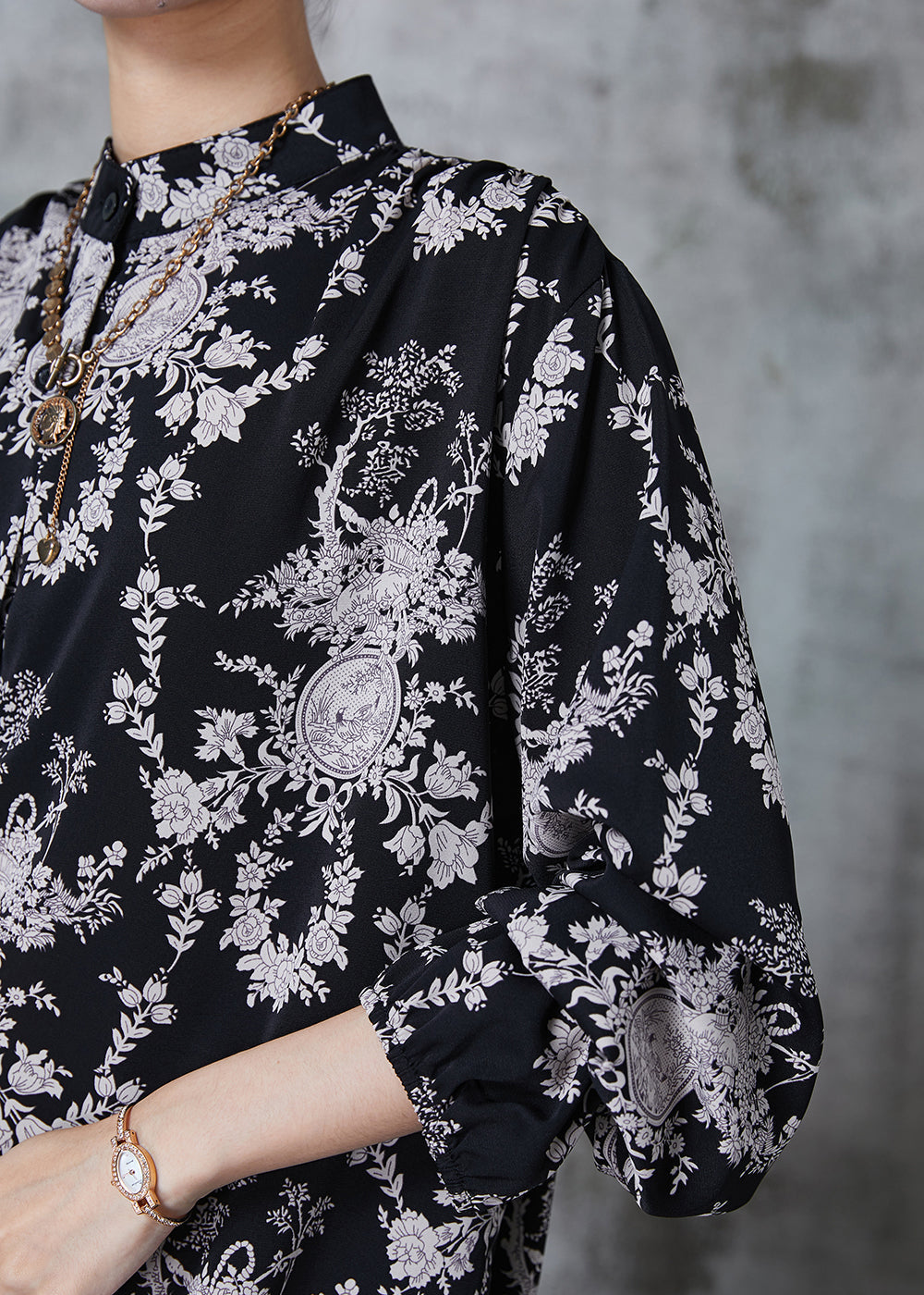 Black Stand Collar Print Chiffon Shirts Summer