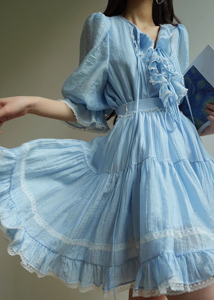 Blue O-neck Lace Patchwork Silk Cotton Top and Skirts Two Pieces Set Summer