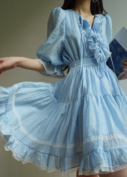 Blue O-neck Lace Patchwork Silk Cotton Top and Skirts Two Pieces Set Summer
