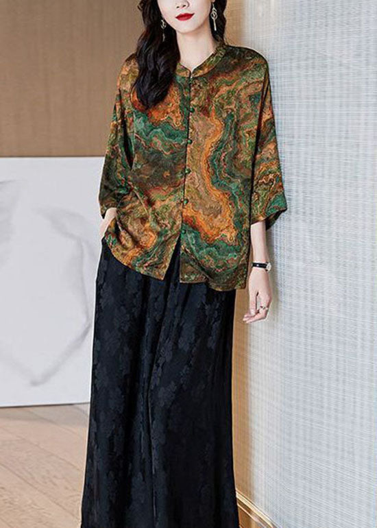 Brown Stand Collar Button Print Patchwork Silk Blouse Top Summer