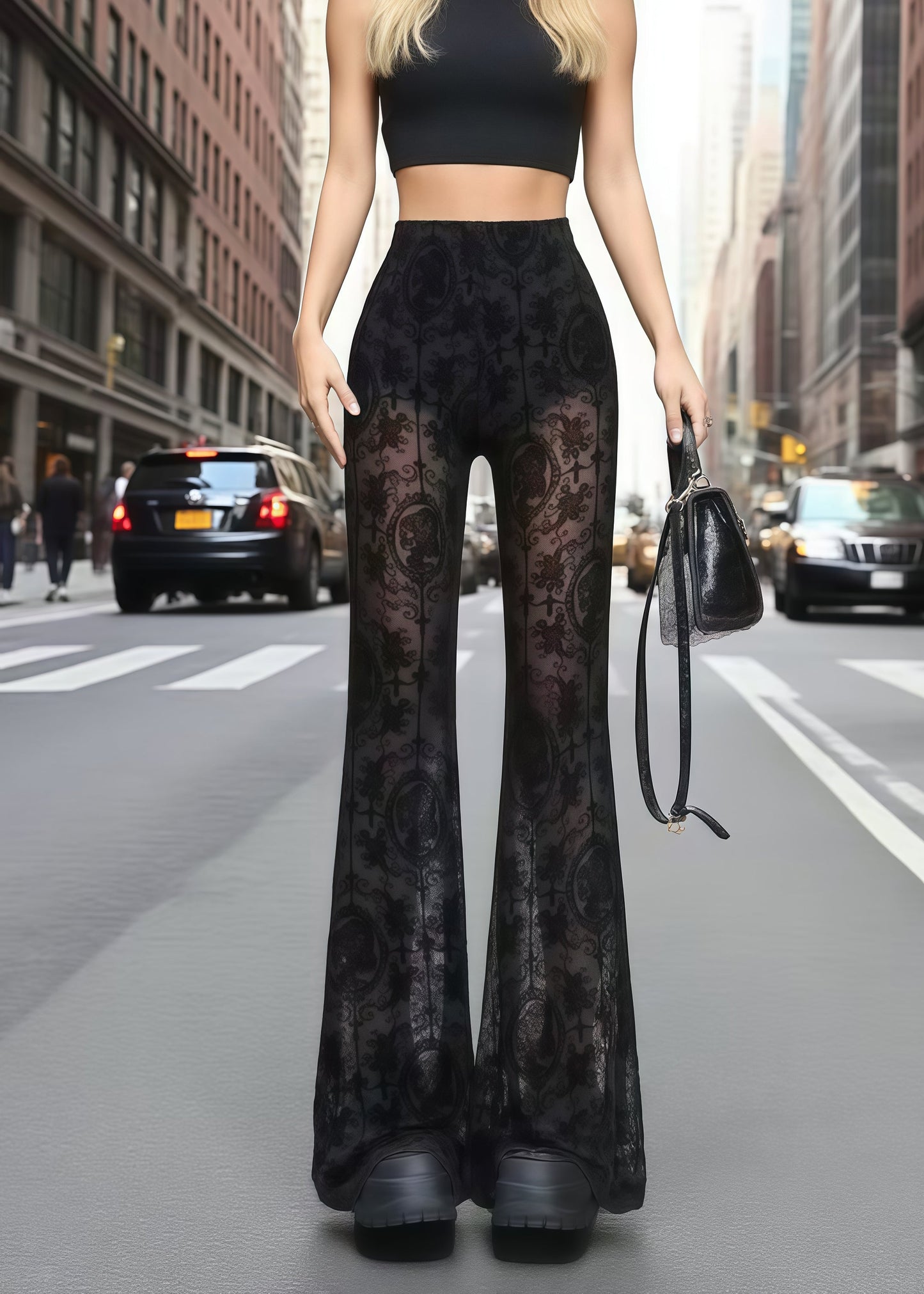 Black Hollow Out Lace Flare Bottoms Summer