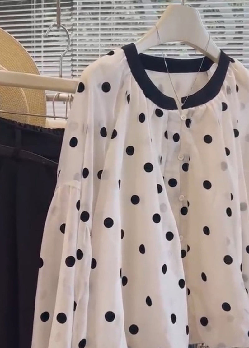 White O Neck Dot Button Cotton Shirts Long Sleeve