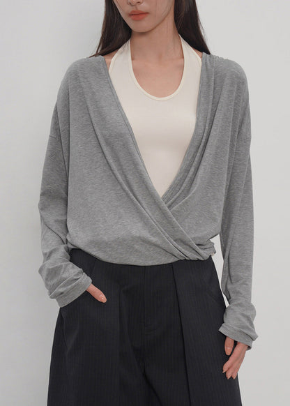New Grey Fake Two-piece Spliced Neck Hanging Long Sleeved T-shirt Top