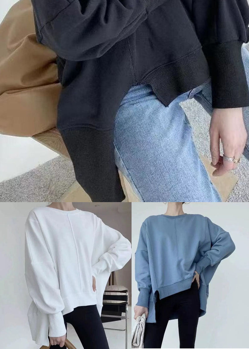 White Asymmetrical Patchwork Cotton Pullover Spring