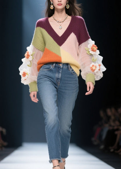V Neck Patchwork Knit Short Sweater Fall