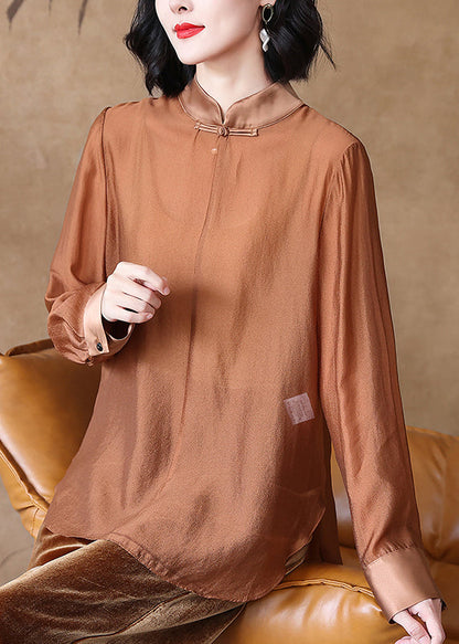 Coffee Stand Collar Button Cotton Shirt Spring