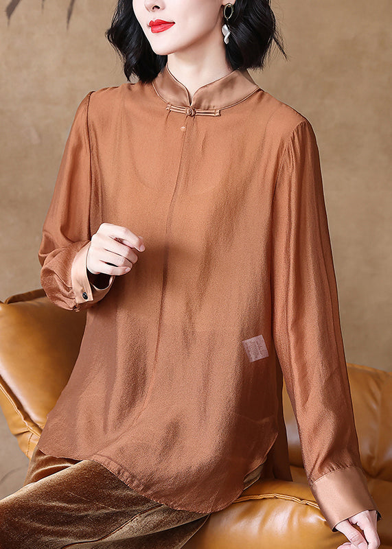 Coffee Stand Collar Button Cotton Shirt Spring