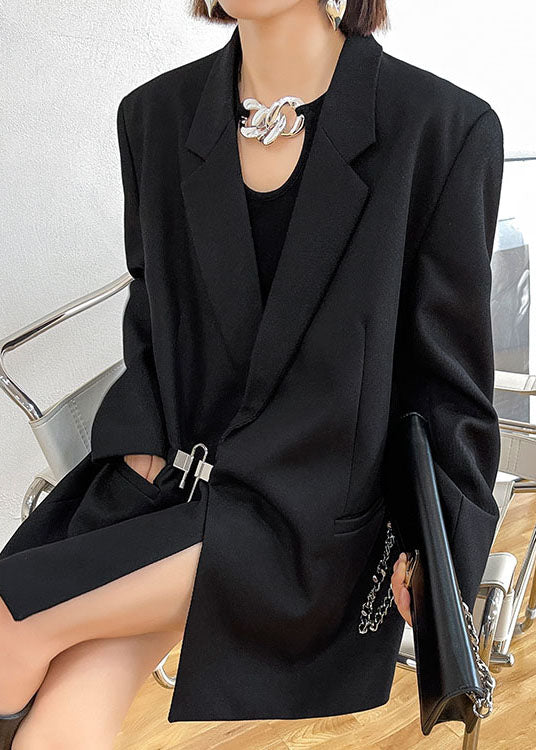 Style Black Notched Pockets Loose Fall Long Sleeve Coat