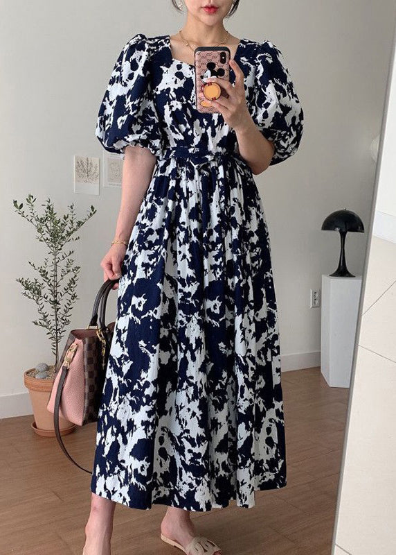Black Square Collar Print Cotton Long Dress Summer