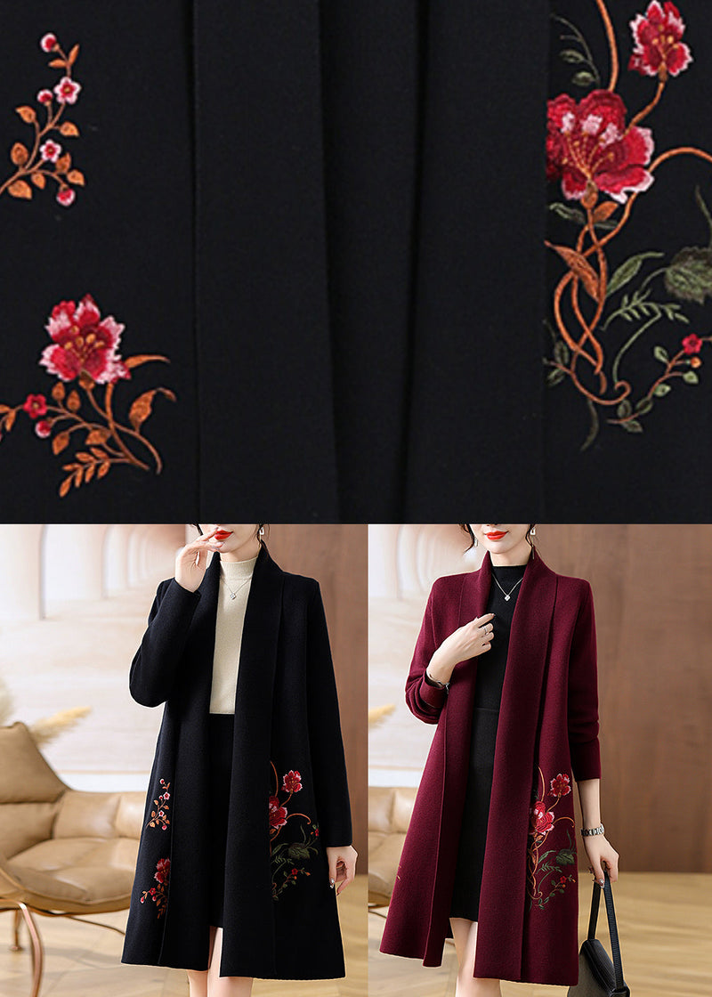 Handmade Mulberry V Neck Print Woolen Long Coat Fall