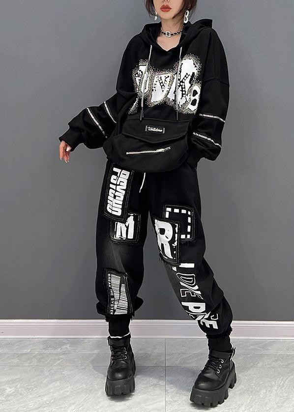 Organic Black Alphabet Print Drawstring Hooded Top and Pants Two Pieces Set Spring