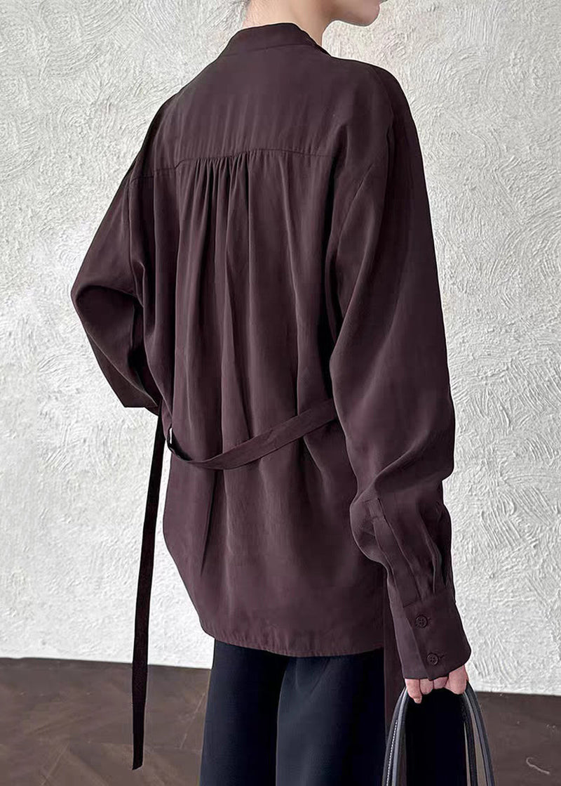 Loose Coffee Asymmetrical Tie Waist Shirt Spring