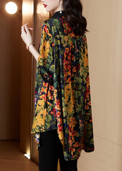 Peter Pan Collar Print Button Low High Design Shirts Short Sleeve