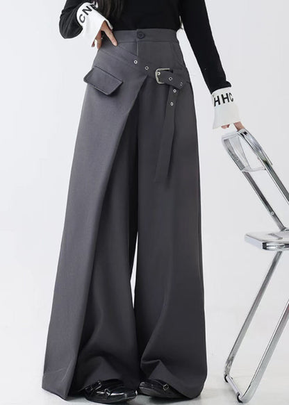 Grey False Two Pieces Spandex Fall Wide Leg Pants Pockets
