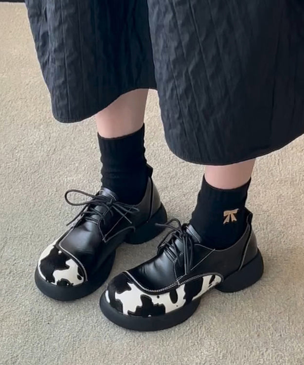 Black Lace Up Splicing Platform Loafers for