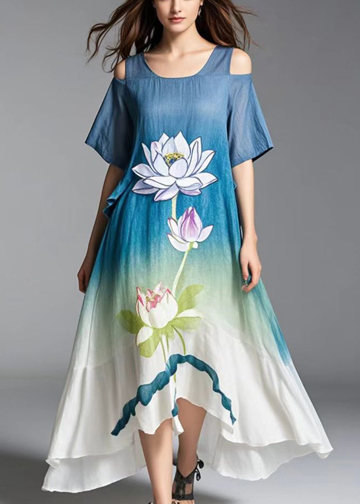 Gradient Color Cold Shoulder Lotus Print Cotton Dress Summer
