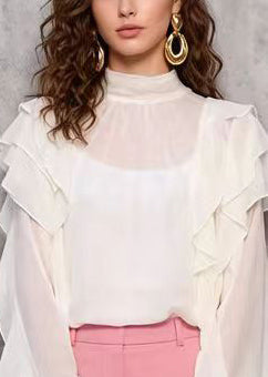 French White Stand Collar Ruffles Chiffon Blouses Spring
