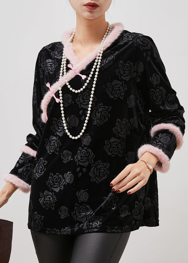 Black Jacquard Patchwork Oriental Silk Velour Shirt Tops Spring