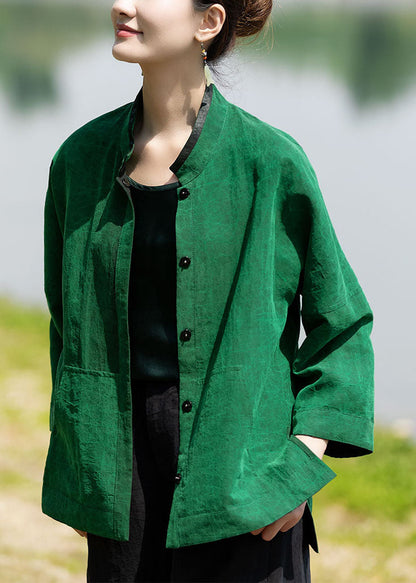 Boutique Black Green Side Open Low High Design Stand Collar Wear on Both Sides Silk Coats Spring