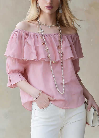Red Slash Neck Ruffled Patchwork Top Half Sleeve