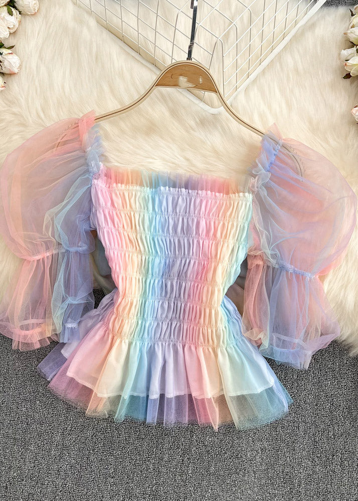 Stylish Square Collar Bow Tulle Chiffon Tops Puff Sleeve