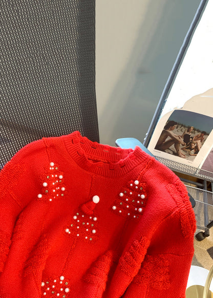 Loose Red O-neck Nail Bead Patchwork Cotton Knit Sweaters Spring