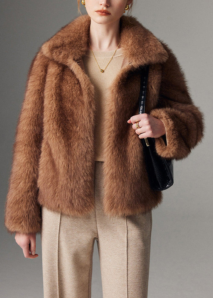 Brown Peter Pan Collar Faux Fur Jacket Winter