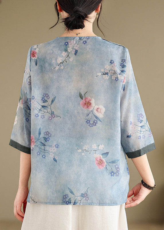 Blue V Neck Print Patchwork Cotton Tops Summer