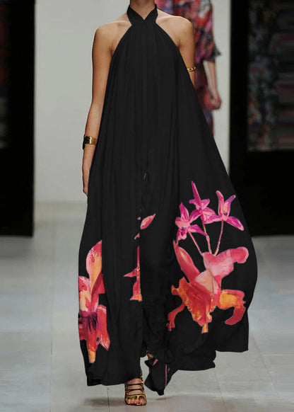 White Summer Sundress Halter Print Long Dresses