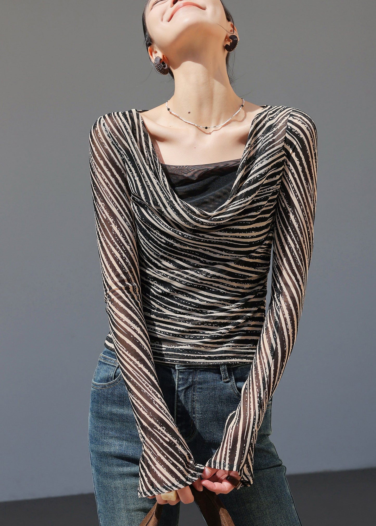 Black Khaki Striped Draped Neckline Top Spring