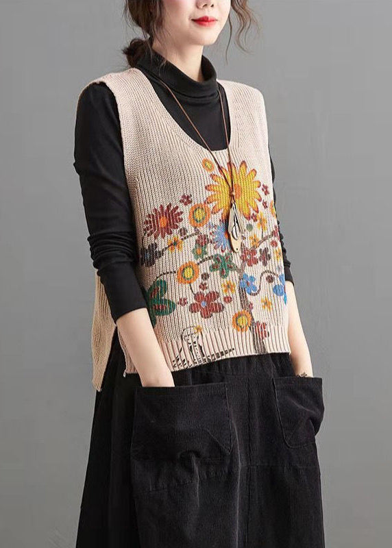 Apricot V Neck Print Low High Design Knit Waistcoat Fall