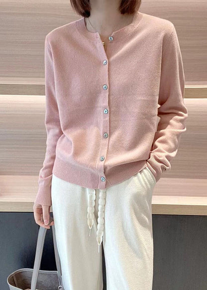 Pink O Neck Button Patchwork Knit Coats Long Sleeve